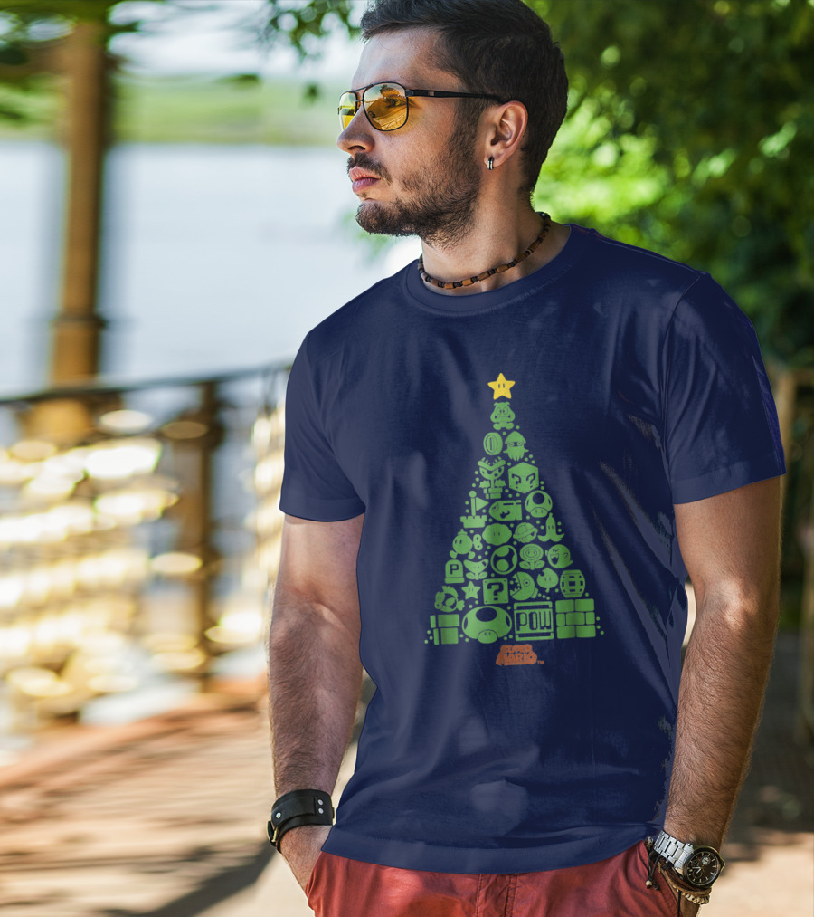 Super Mario Green Icon Christmas Tree With Star And Blocks T-Shirt