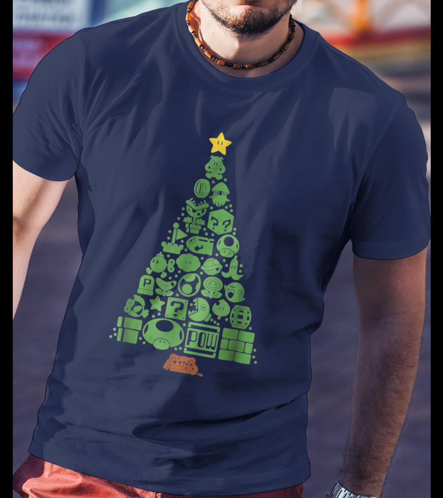Super Mario Green Icon Christmas Tree With Star And Blocks T-Shirt