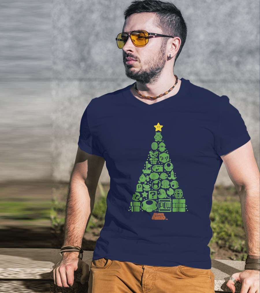 Super Mario Green Icon Christmas Tree With Star And Blocks T-Shirt