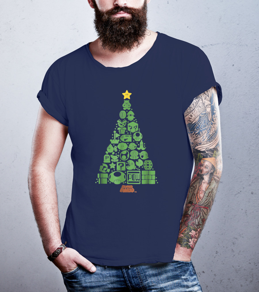 Super Mario Green Icon Christmas Tree With Star And Blocks T-Shirt
