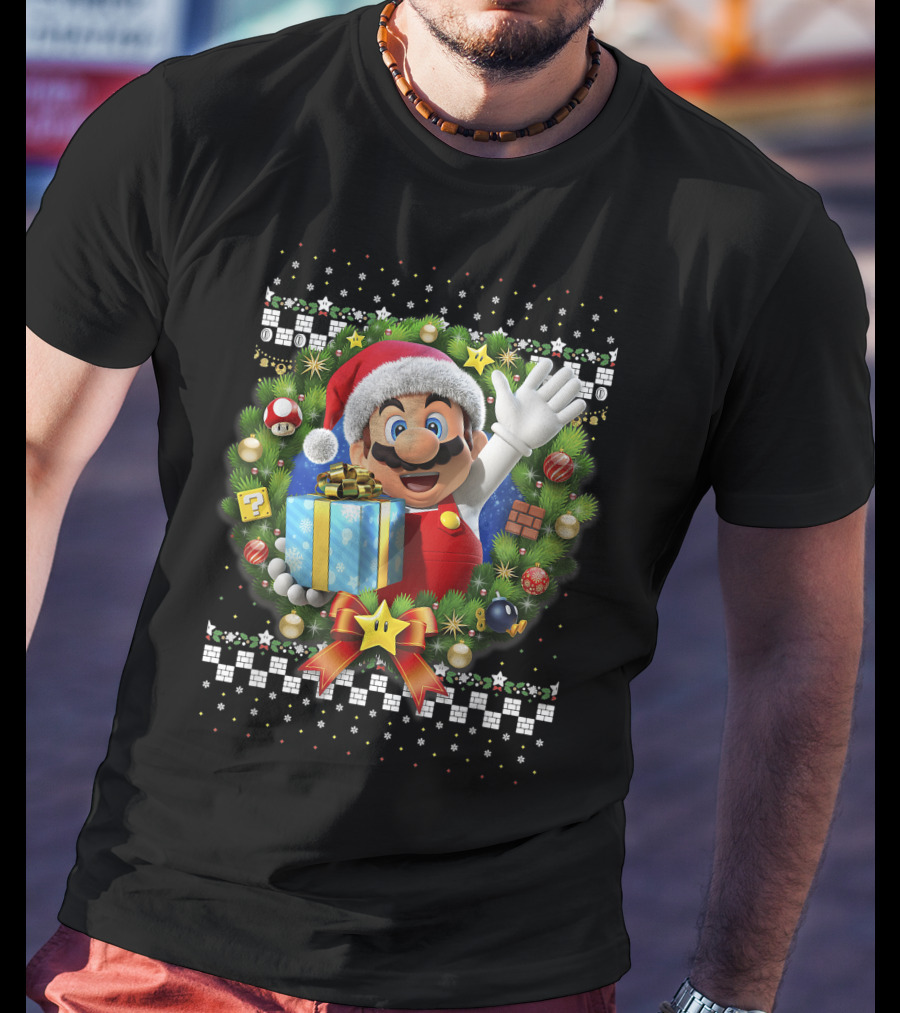 Super Mario Christmas Wreath Santa Present With Gift And Iconic Symbols T-Shirt