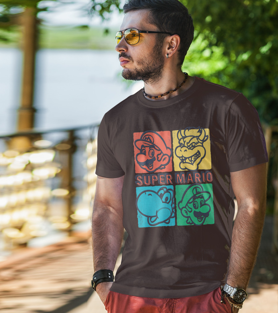 Super Mario Bowser Yoshi Luigi Distressed Square Group Shot T-Shirt