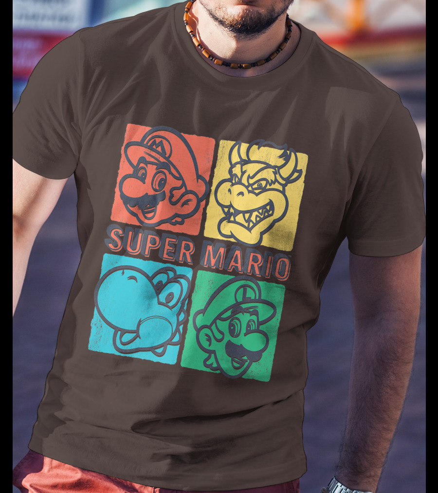 Super Mario Bowser Yoshi Luigi Distressed Square Group Shot T-Shirt