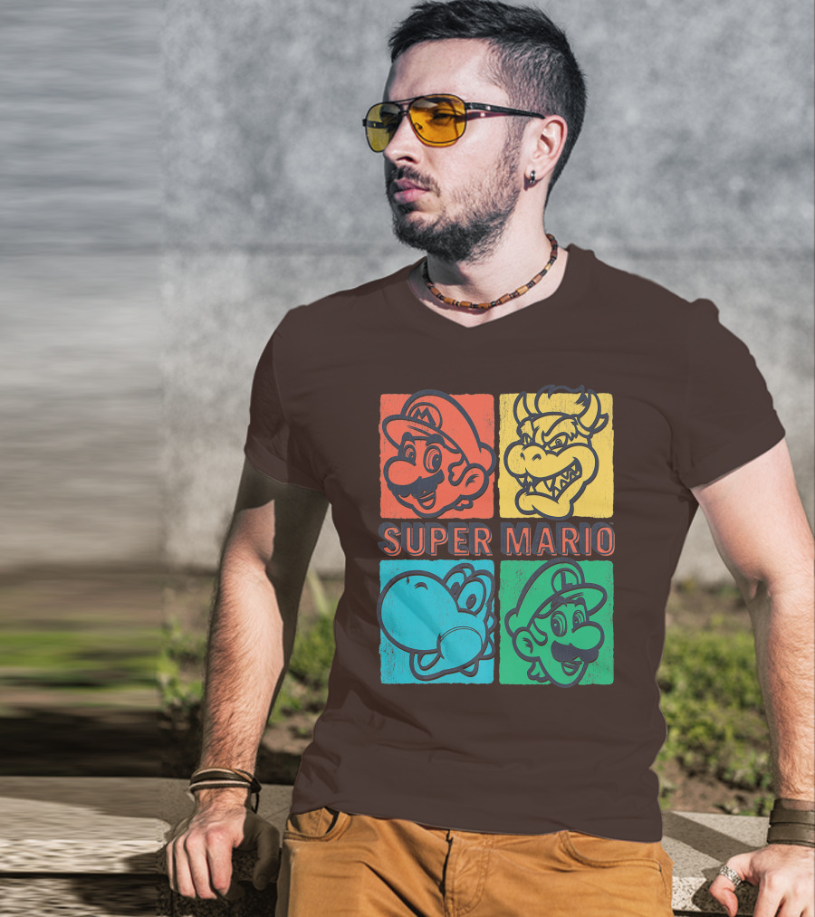 Super Mario Bowser Yoshi Luigi Distressed Square Group Shot T-Shirt