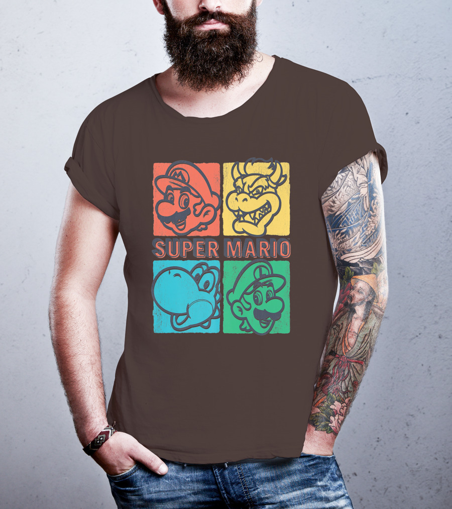 Super Mario Bowser Yoshi Luigi Distressed Square Group Shot T-Shirt