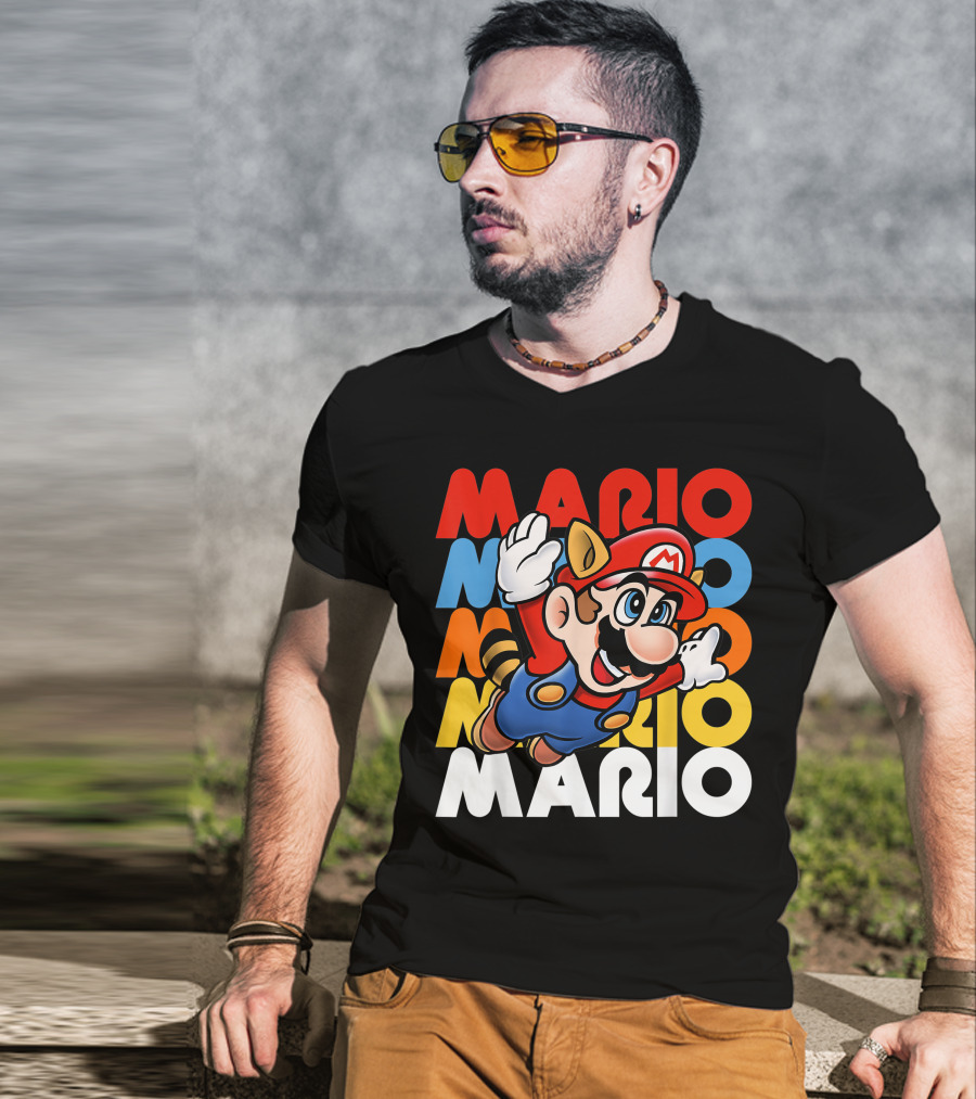 Funny Super Mario Retro Raccoon Flying Mario Repeat T-Shirt