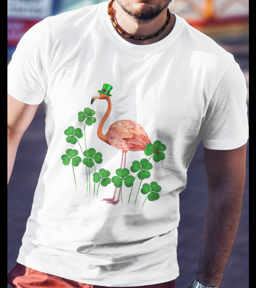 Flamingo With Shamrocks And Leprechaun Hat T-Shirt