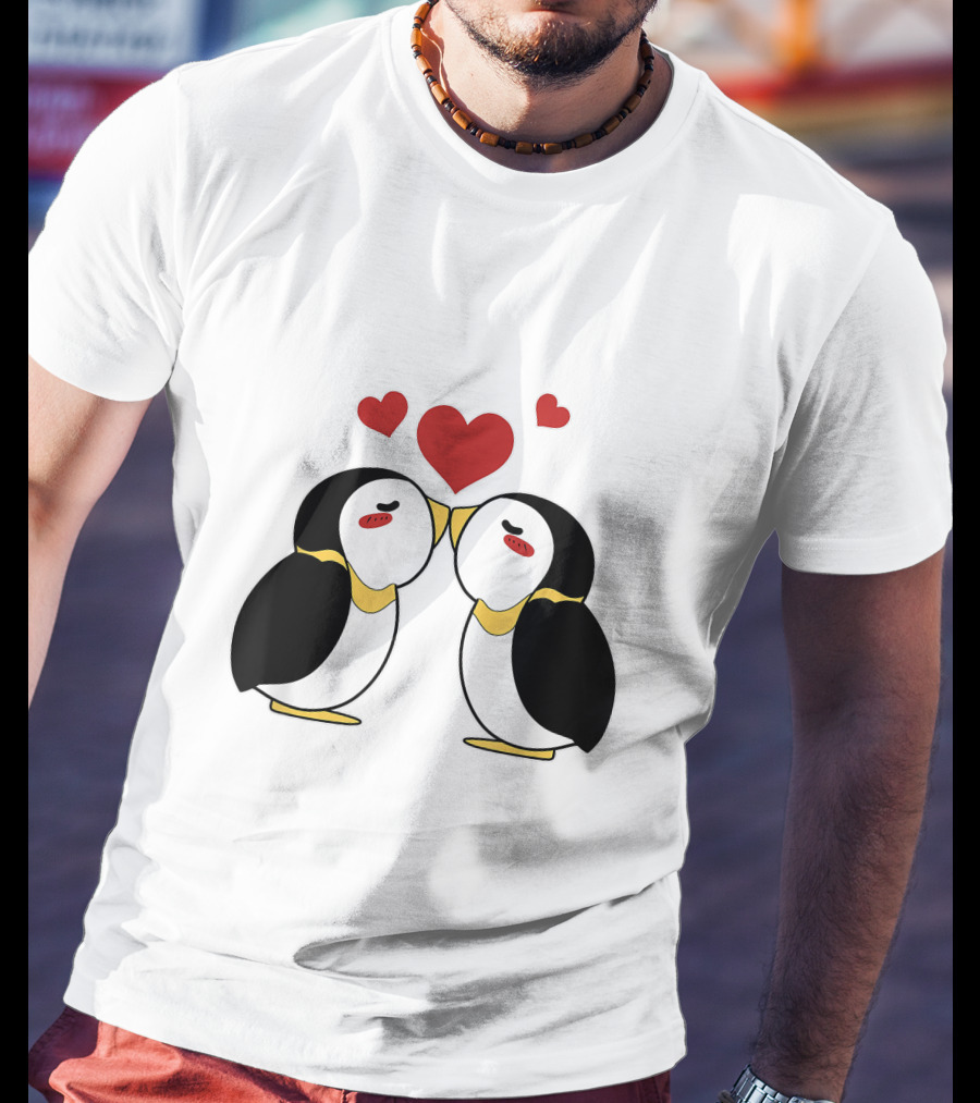 Cute Penguin Lovers Kissing With Hearts Above T-Shirt