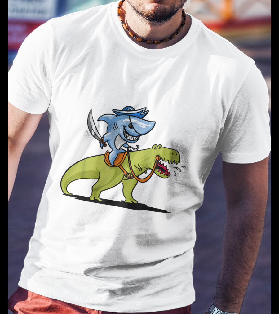 Shark Pirate Riding T-Rex Dinosaur Adventure T-Shirt