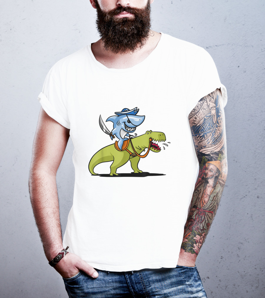 Shark Pirate Riding T-Rex Dinosaur Adventure T-Shirt
