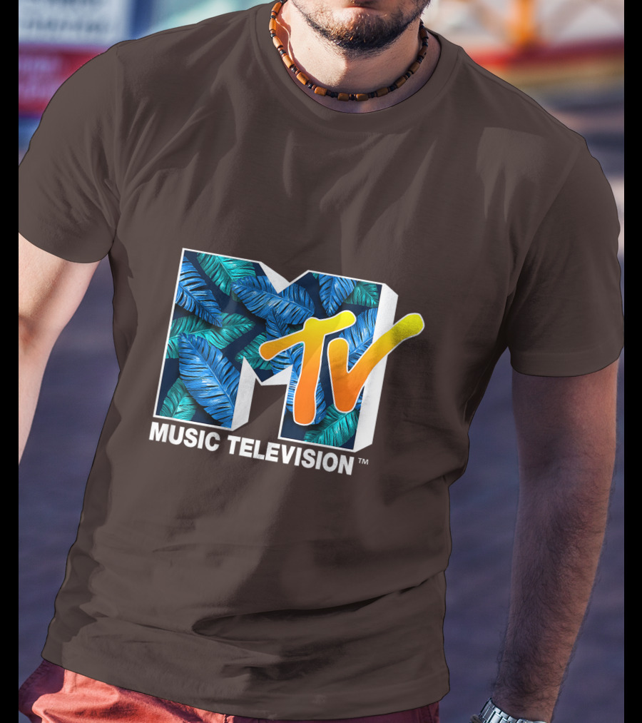 MTV Music Television Blue Green Tropical Leaf Fill T-Shirt