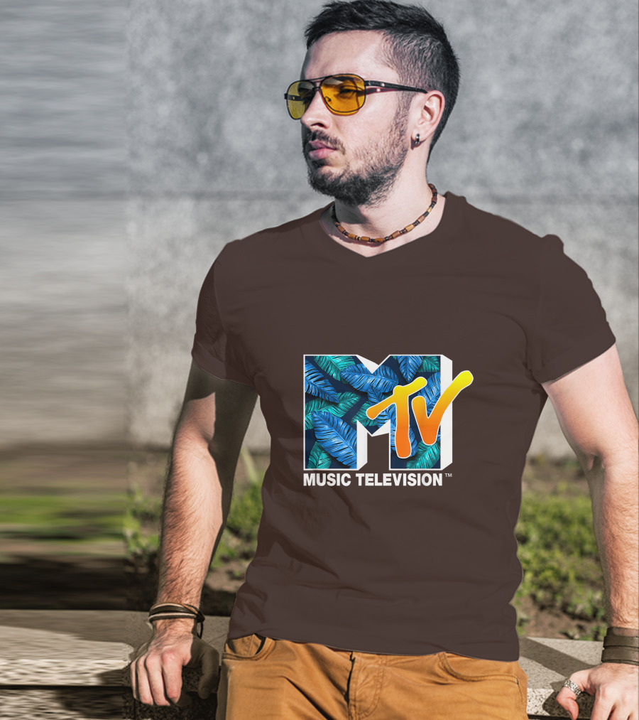 MTV Music Television Blue Green Tropical Leaf Fill T-Shirt
