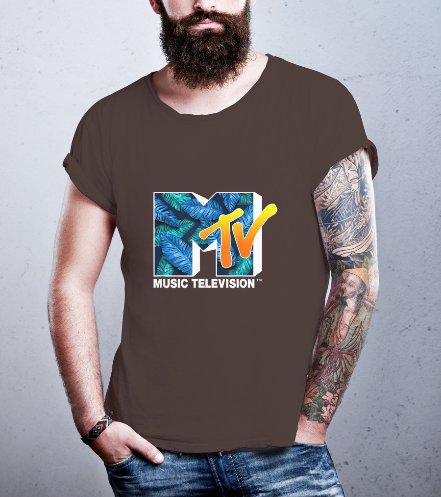 MTV Music Television Blue Green Tropical Leaf Fill T-Shirt