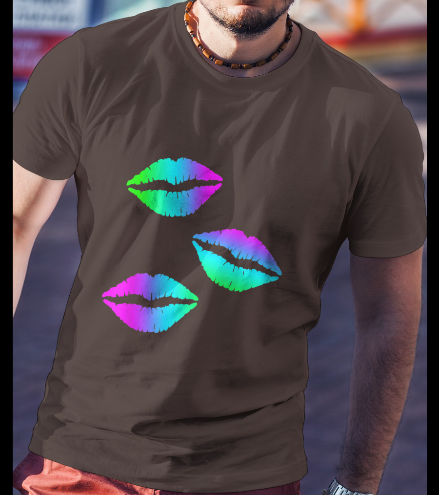Funky Bright Neon Colours 80s Lipstick Rainbow Kiss Prints T-Shirt