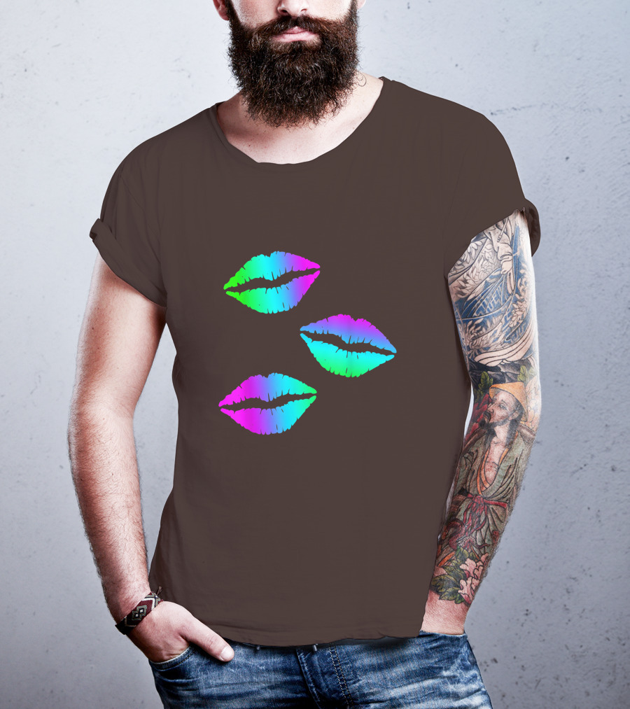 Funky Bright Neon Colours 80s Lipstick Rainbow Kiss Prints T-Shirt