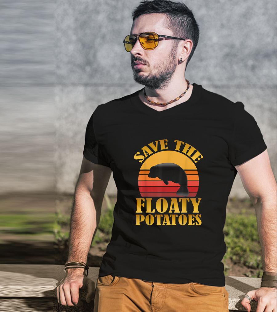 Save The Floaty Potatoes Manatee Retro Sunset Conservation T-Shirt
