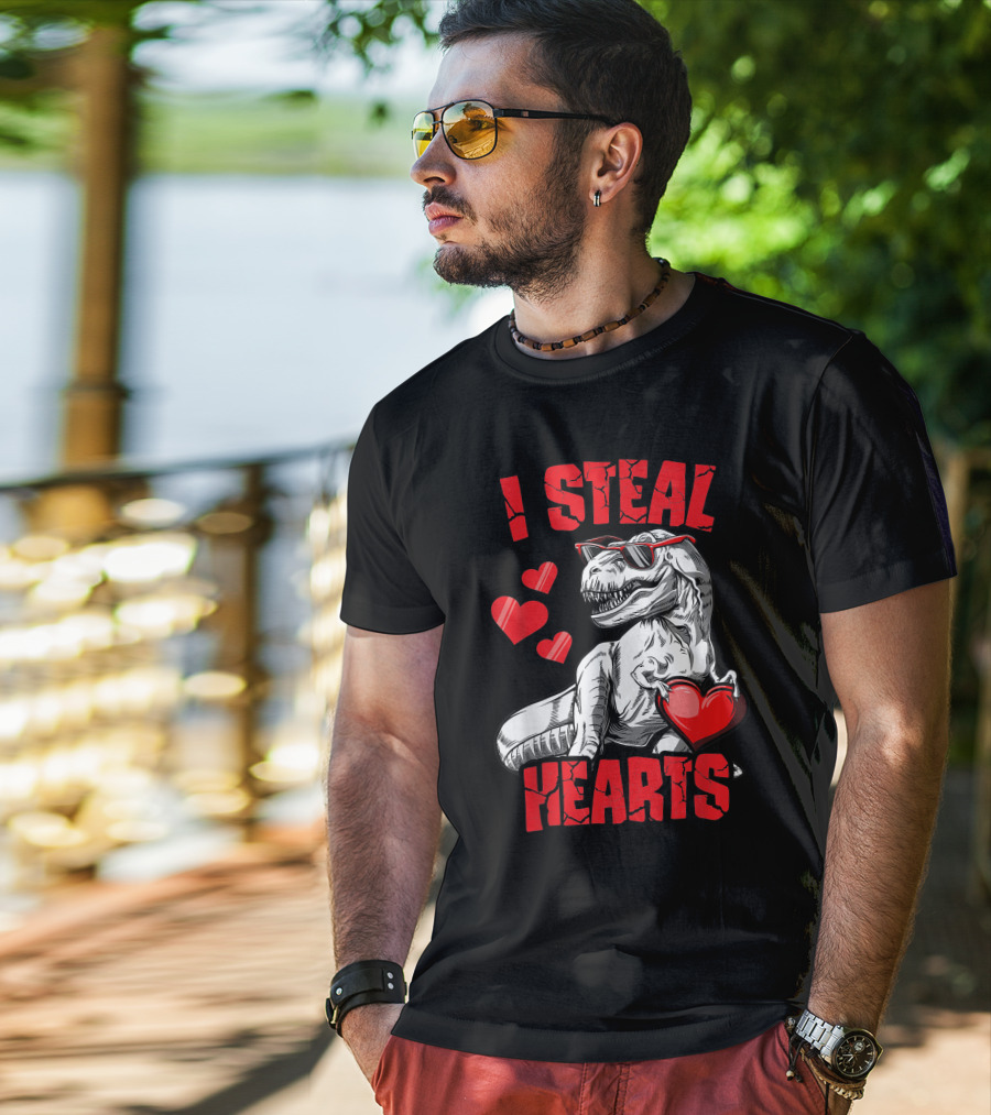 Valentines Day Kids Dinosaur T-Rex Lover I Steal Hearts T-Shirt