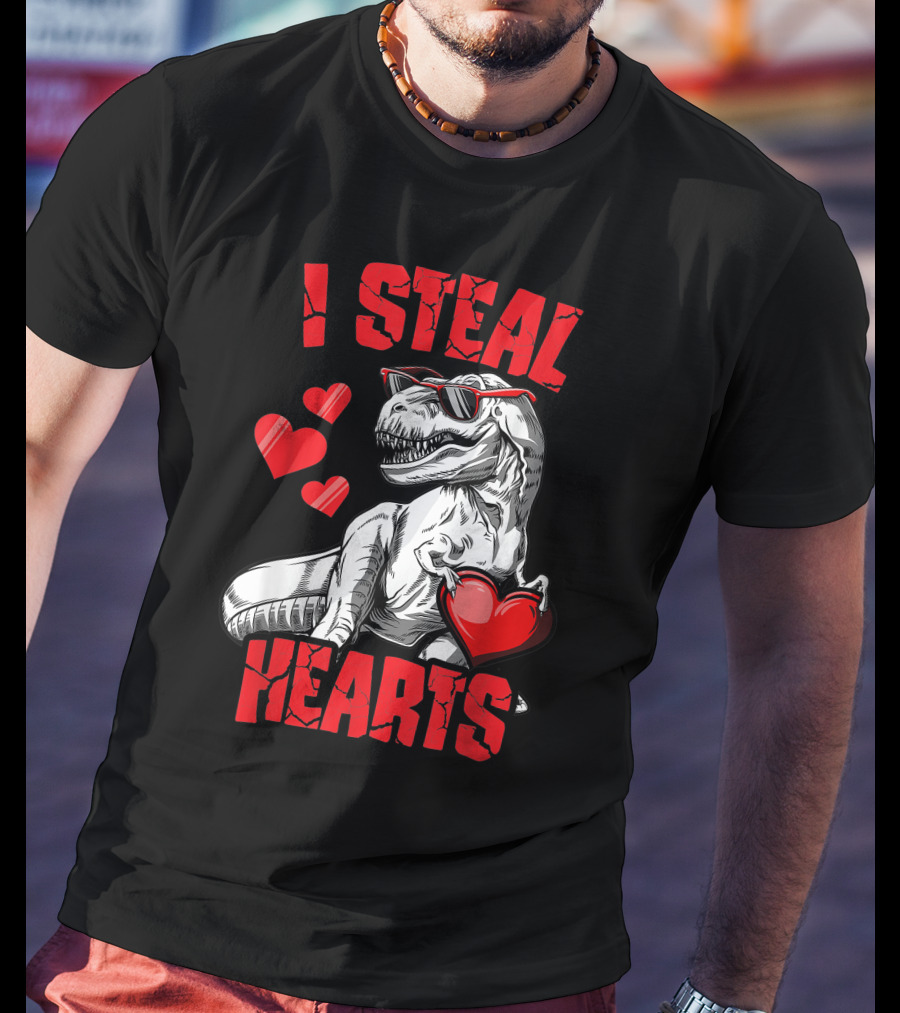 Valentines Day Kids Dinosaur T-Rex Lover I Steal Hearts T-Shirt