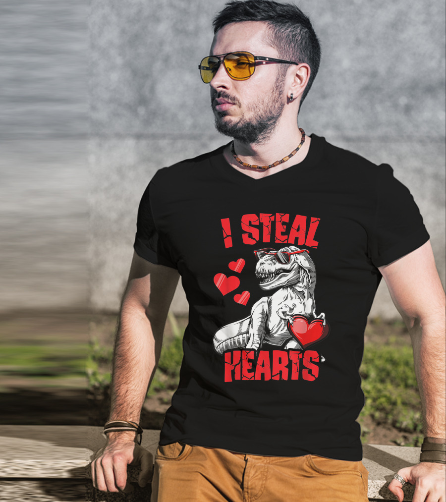 Valentines Day Kids Dinosaur T-Rex Lover I Steal Hearts T-Shirt