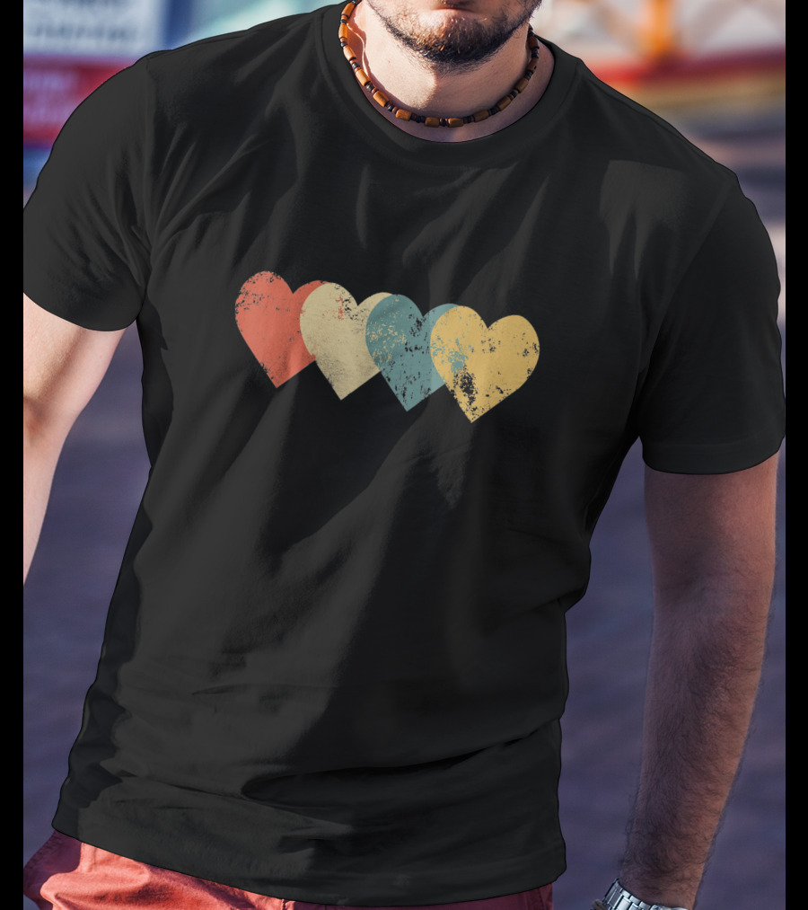 Vintage Hearts Distressed Red Yellow Blue Teal T-Shirt