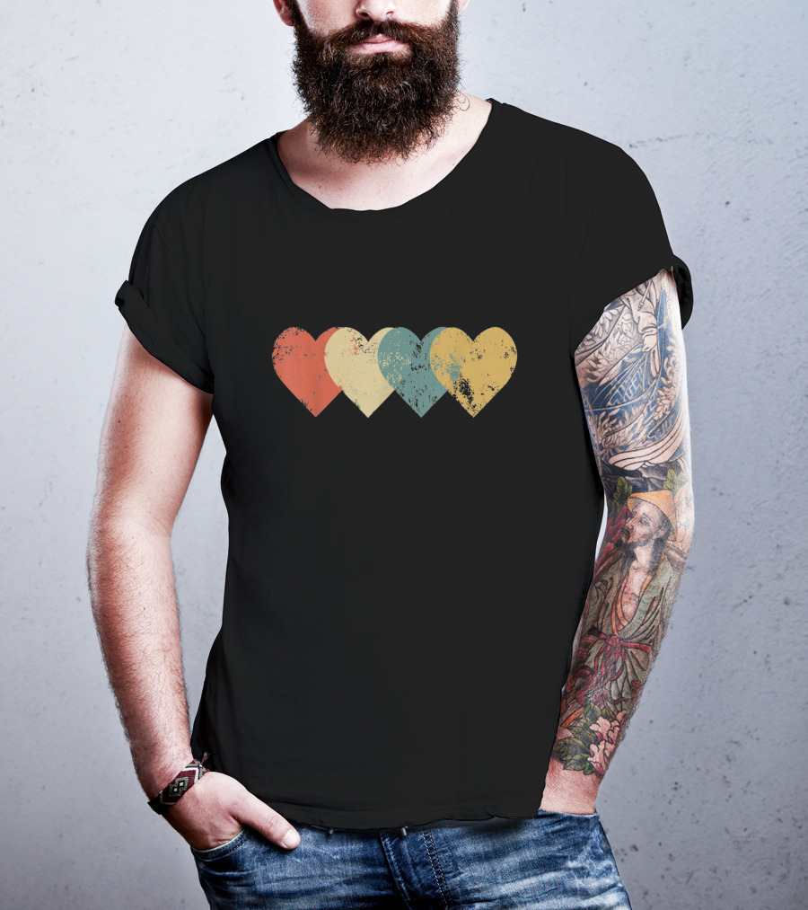 Vintage Hearts Distressed Red Yellow Blue Teal T-Shirt