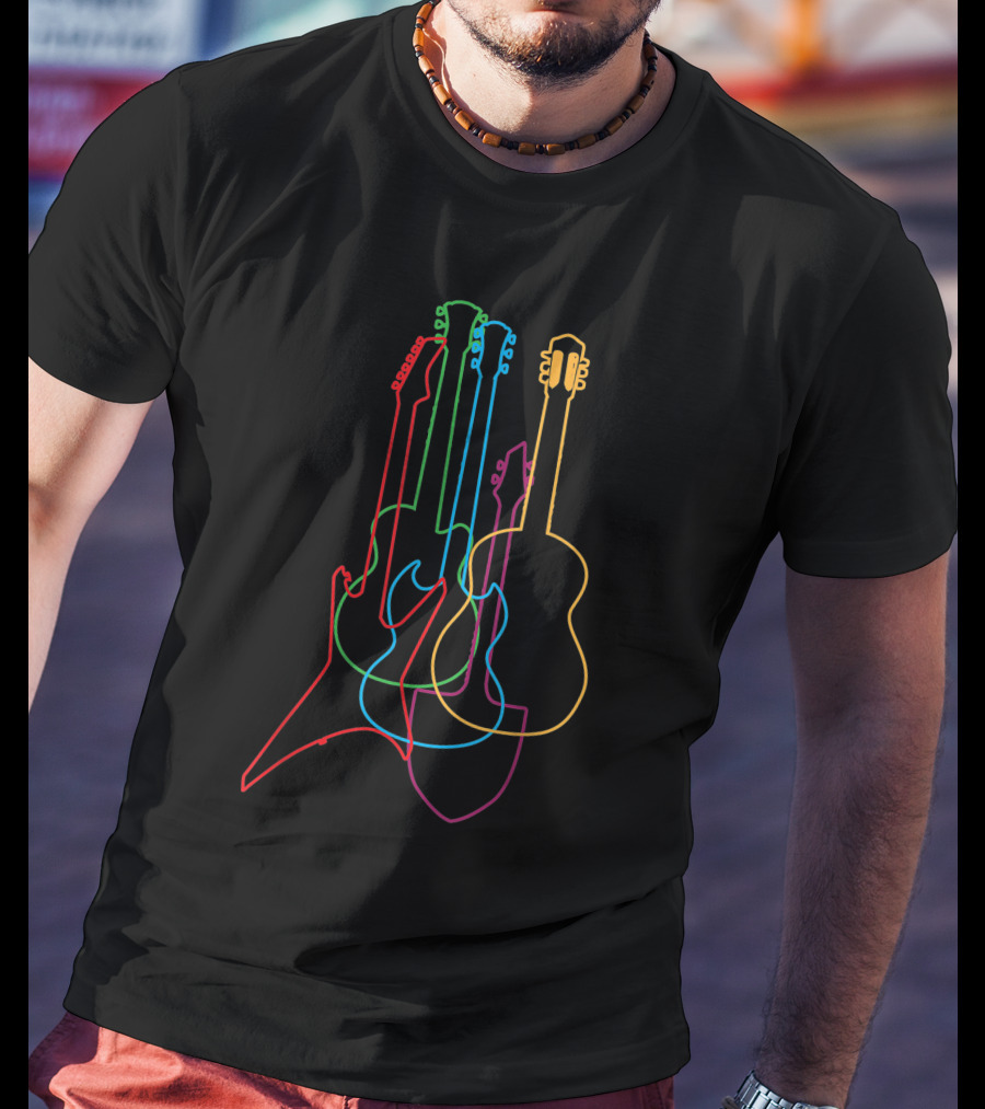 Colored Electric Acoustic Classical Guitars Neon Outline T-Shirt