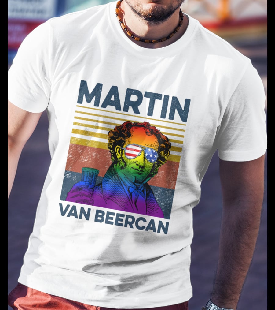 Martin Van Beercan American Flag Sunglasses Retro Drink Stripe T-Shirt