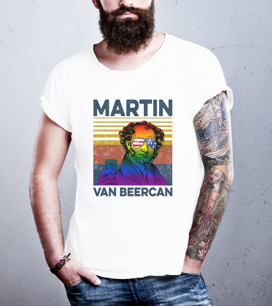 Martin Van Beercan American Flag Sunglasses Retro Drink Stripe T-Shirt