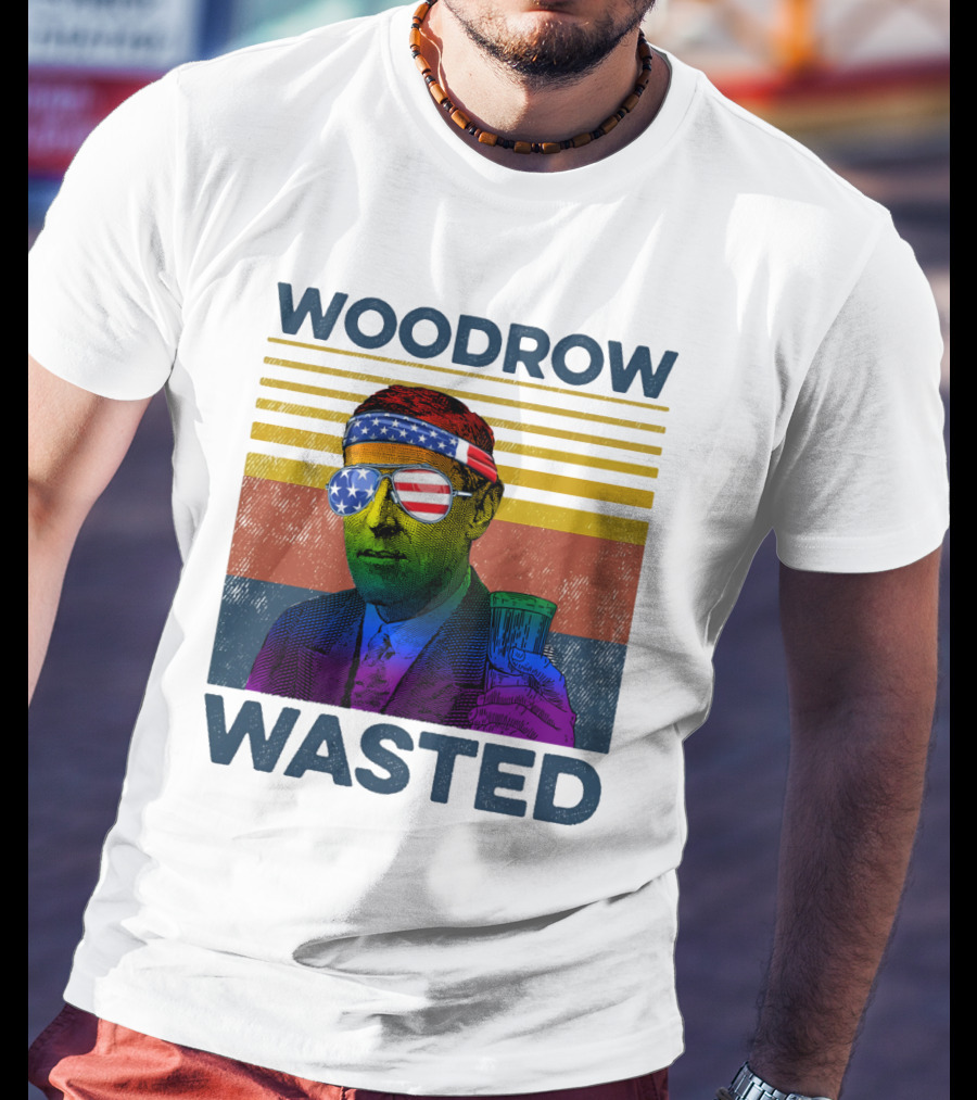 Woodrow Wasted American Flag Sunglasses Beer T-Shirt
