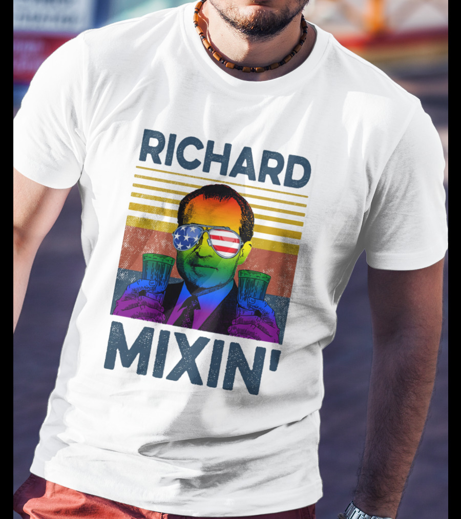 Richard Mixin' Beer Drink Patriotic Sunglasses Rainbow Stripes T-Shirt