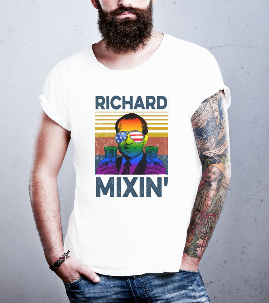 Richard Mixin' Beer Drink Patriotic Sunglasses Rainbow Stripes T-Shirt
