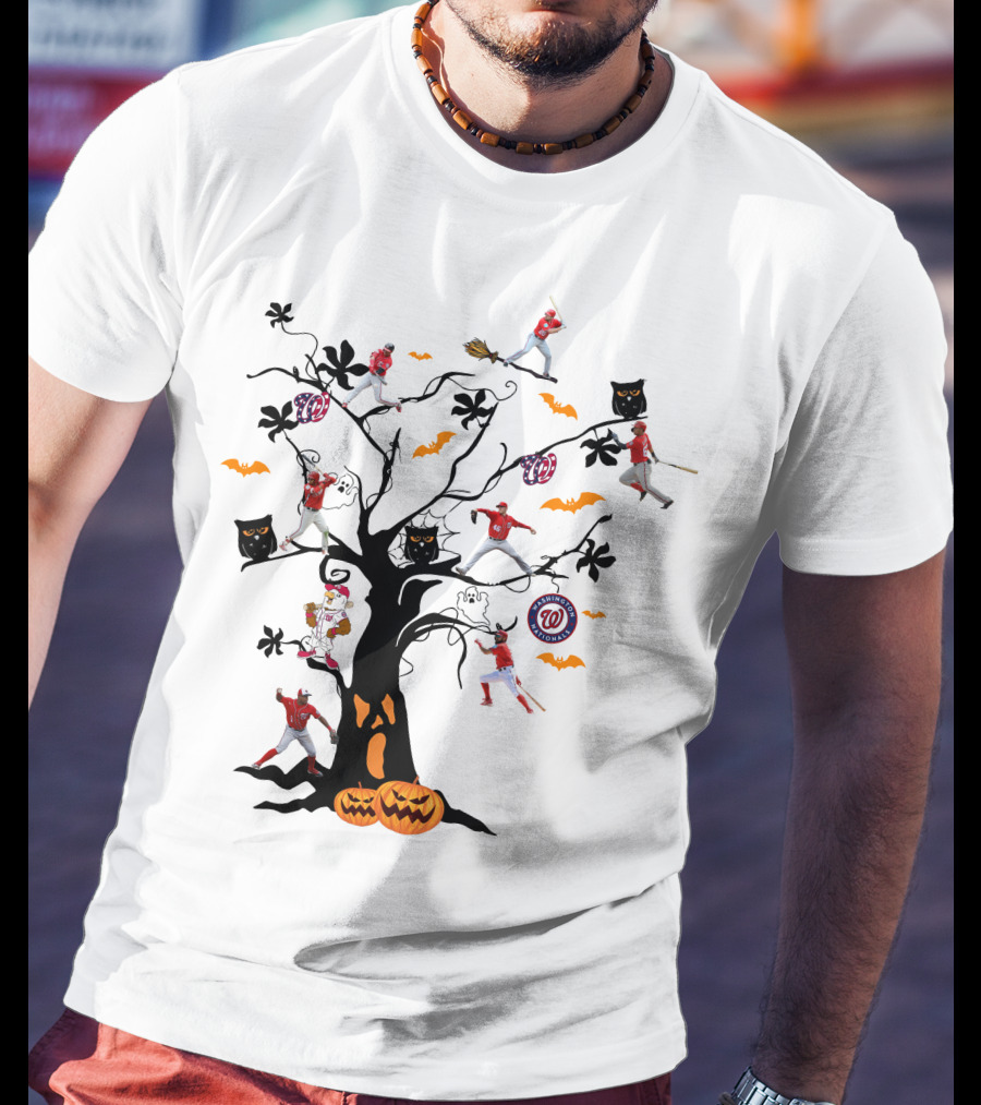 Washington Nationals Halloween Baseball Spooky Tree With Pumpkins And Bats T-Shirt