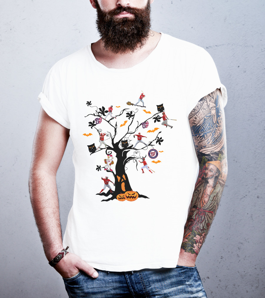 Washington Nationals Halloween Baseball Spooky Tree With Pumpkins And Bats T-Shirt