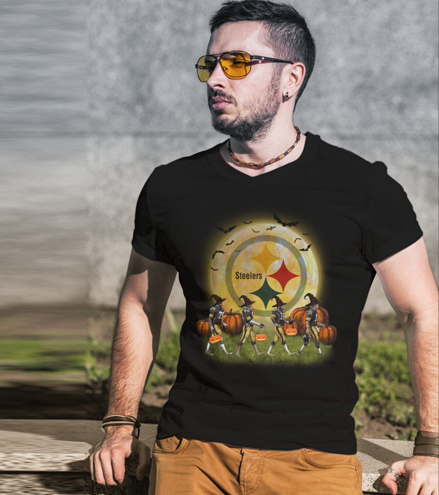 Pittsburgh Steelers Halloween Witch Moon Pumpkin Bats Football Players T-Shirt
