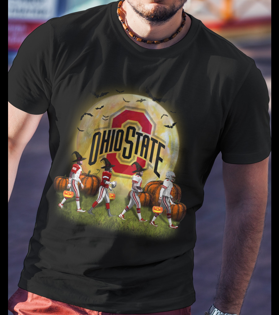 Ohio State Buckeyes Halloween Moon Walk With Pumpkins And Bats T-Shirt