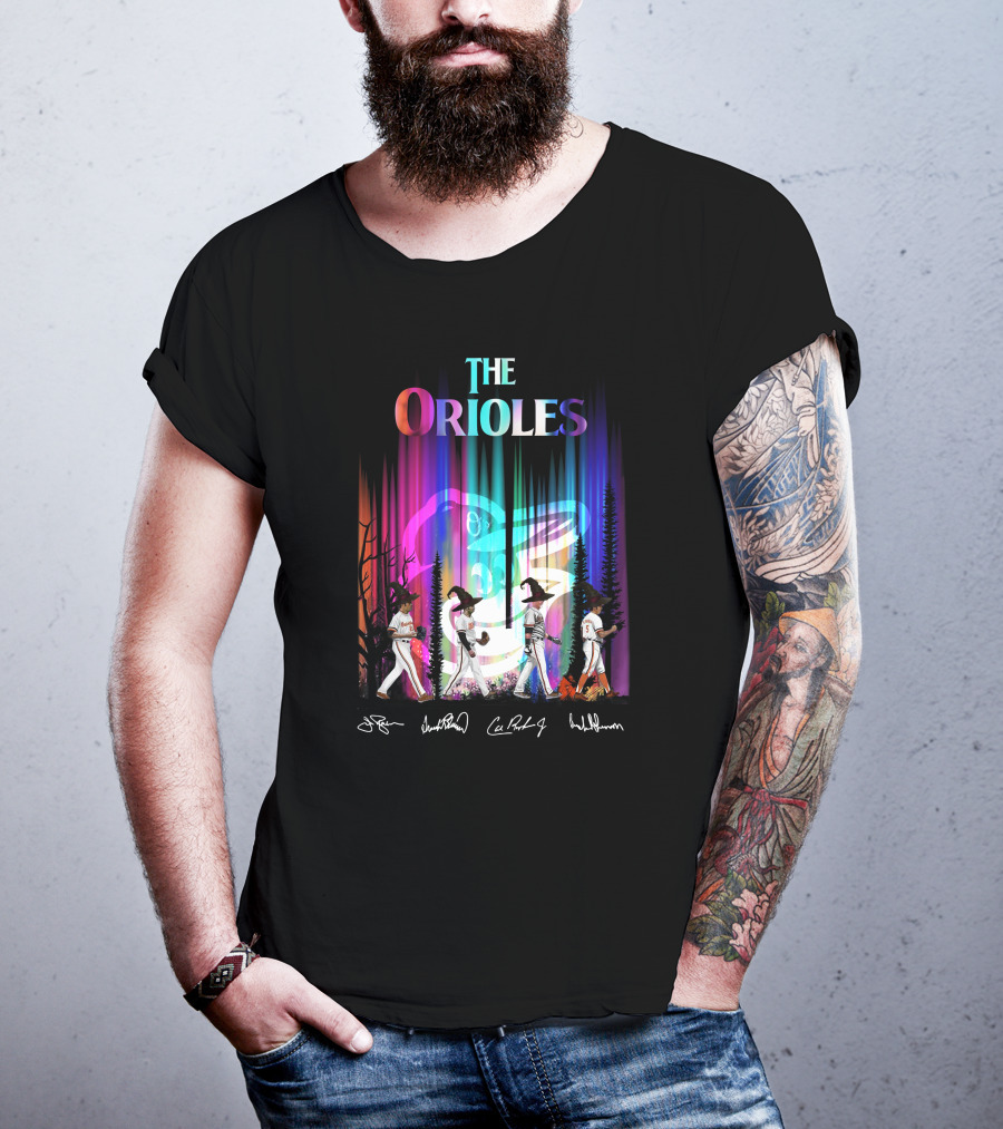 The Orioles Players And Signatures With Logo And Rainbow Background T-Shirt