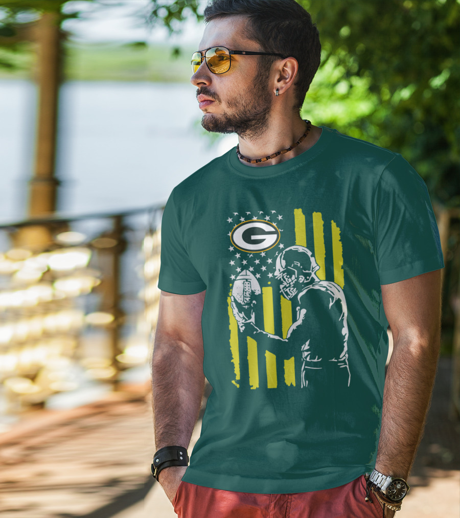 Green Bay Packers Logo And Football Player With American Flag T-Shirt
