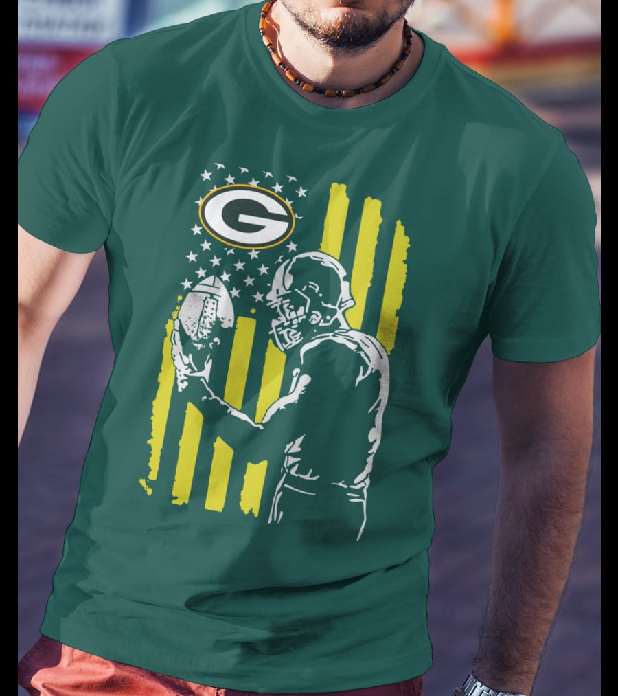 Green Bay Packers Logo And Football Player With American Flag T-Shirt