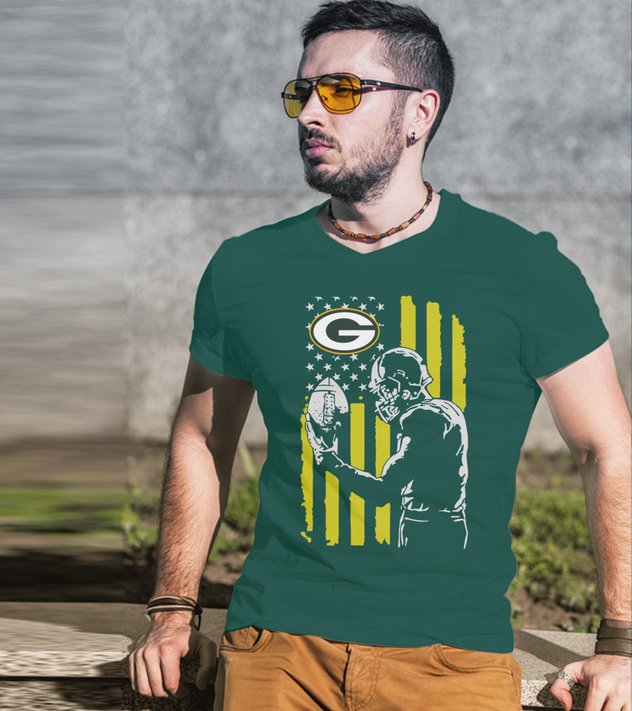 Green Bay Packers Logo And Football Player With American Flag T-Shirt