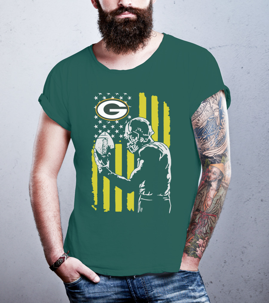 Green Bay Packers Logo And Football Player With American Flag T-Shirt