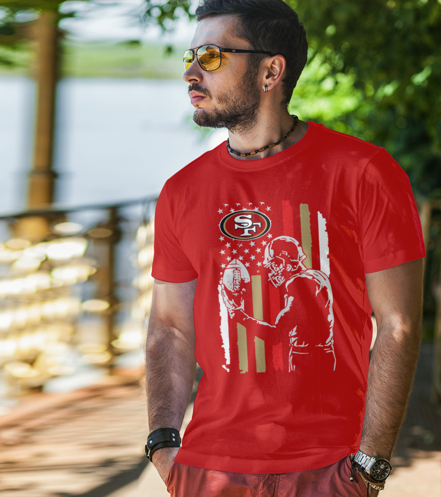 San Francisco 49ers Football Player With Logo And American Flag T-Shirt