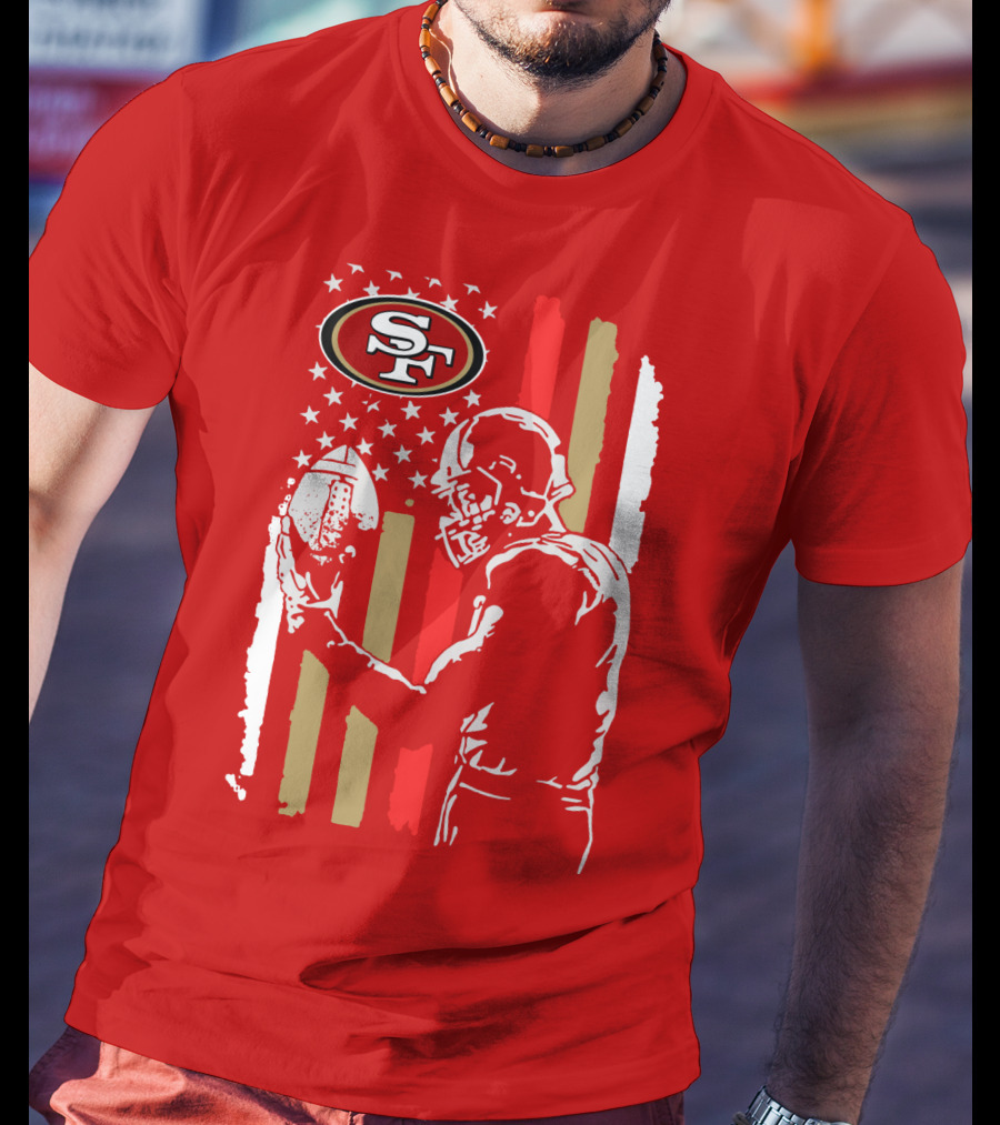 San Francisco 49ers Football Player With Logo And American Flag T-Shirt