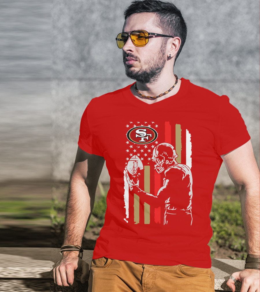 San Francisco 49ers Football Player With Logo And American Flag T-Shirt