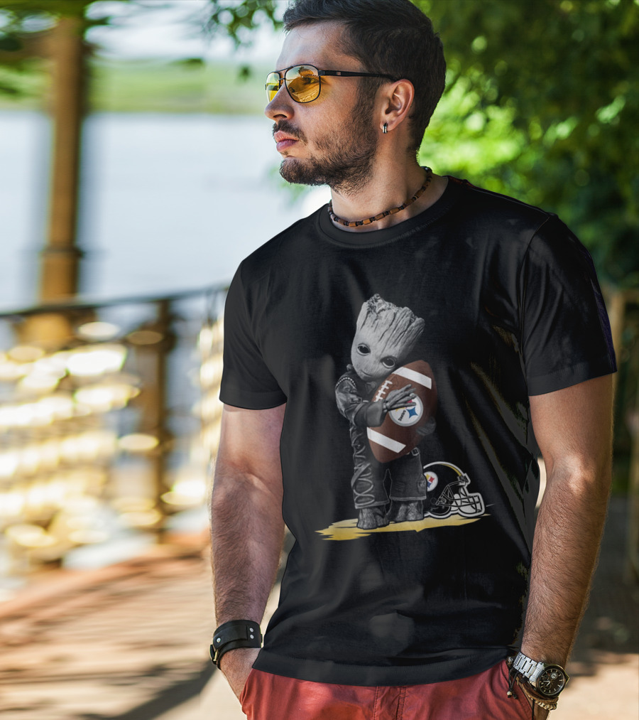 Groot Holding Football With Pittsburgh Steelers Helmet T-Shirt