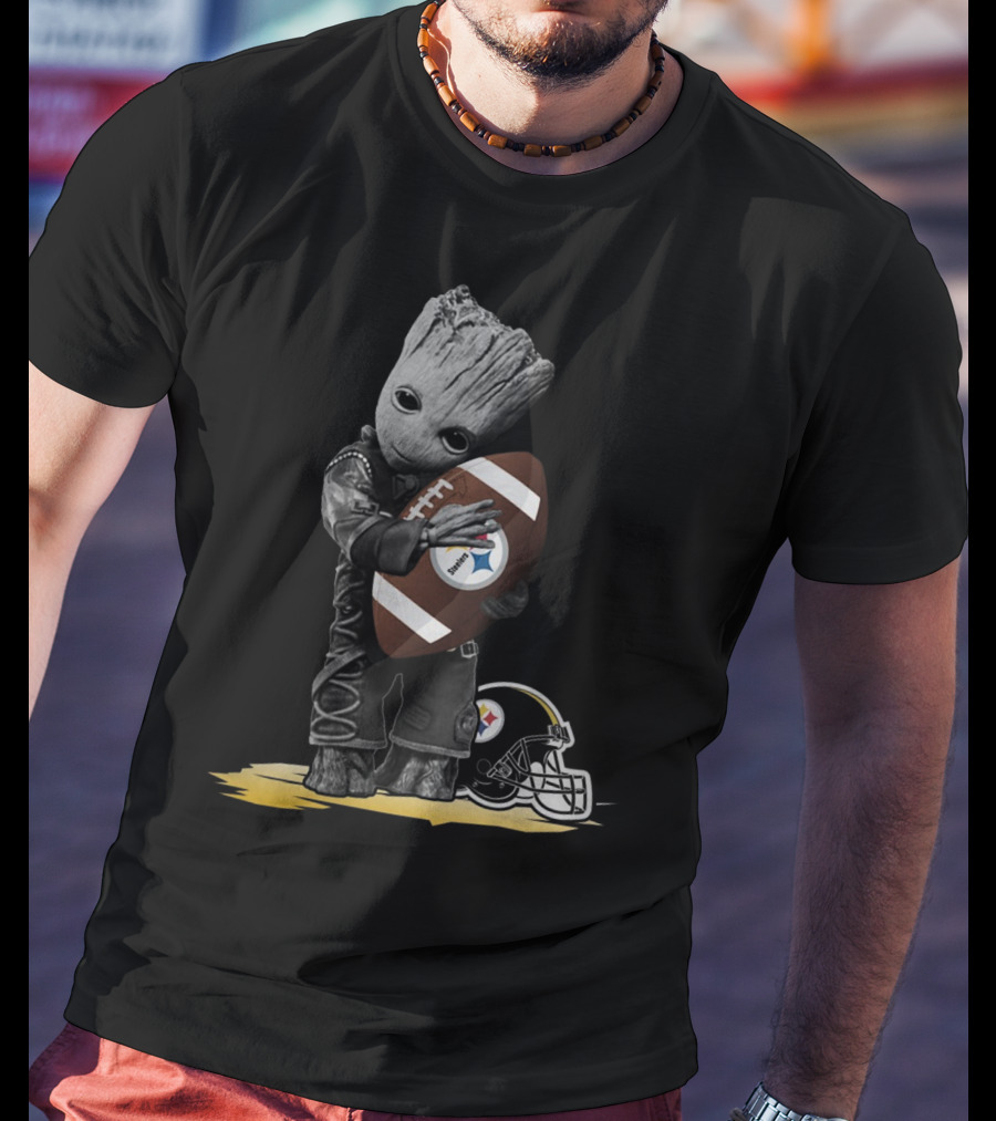 Groot Holding Football With Pittsburgh Steelers Helmet T-Shirt
