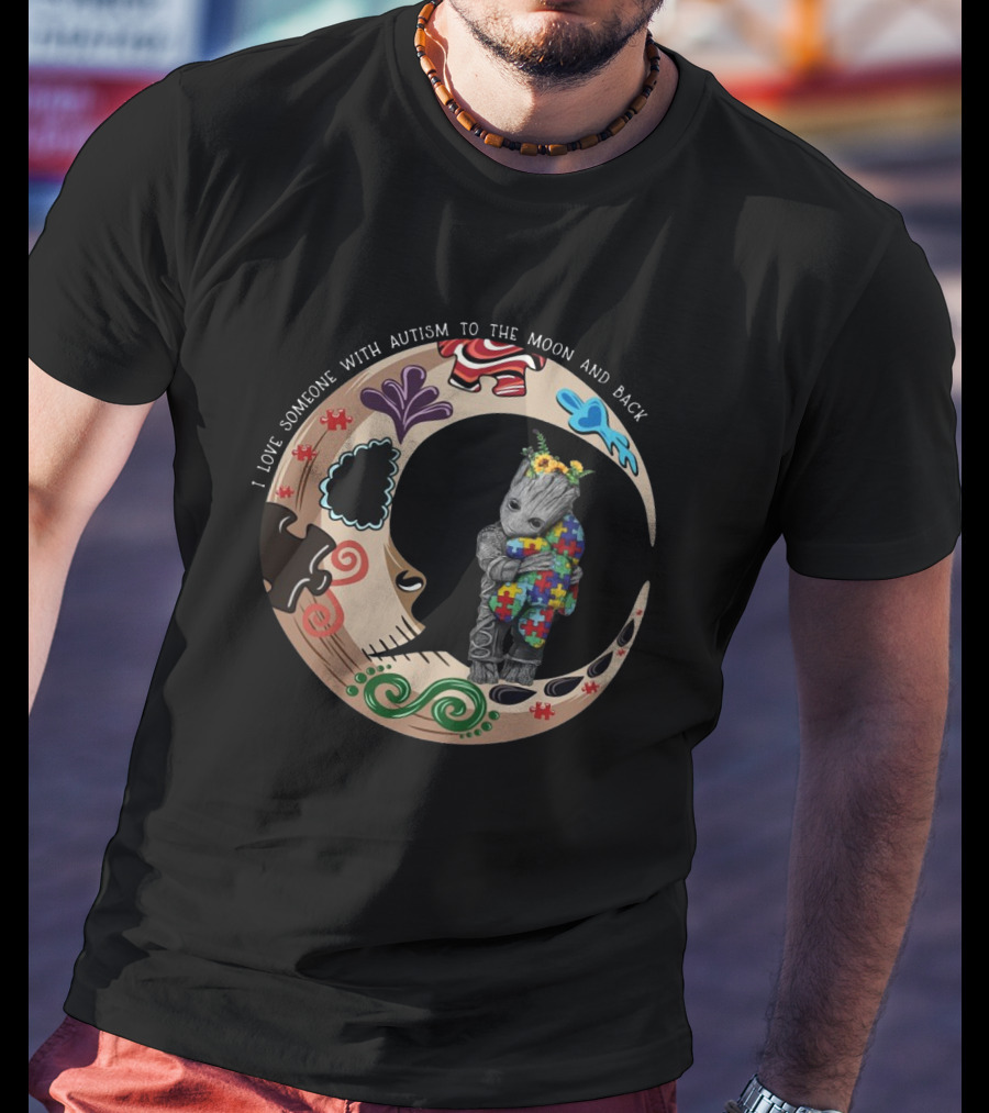 Baby Groot Holding Autism Puzzle Blanket In Vibrant Moon Circle I Love Someone With Autism To The Moon And Back T-Shirt