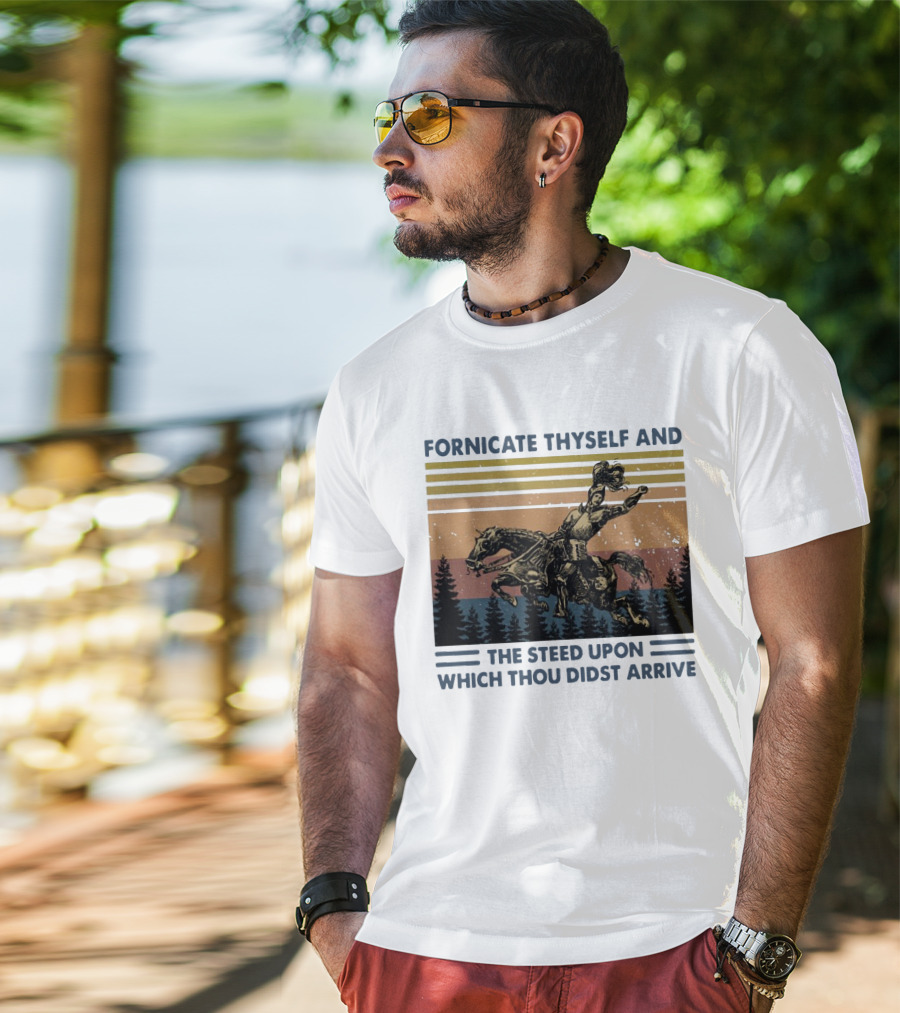 Vintage Fornicate Thyself And The Steed Upon Which Thou Didst Arrive Retro Rider Forest Stripes T-Shirt