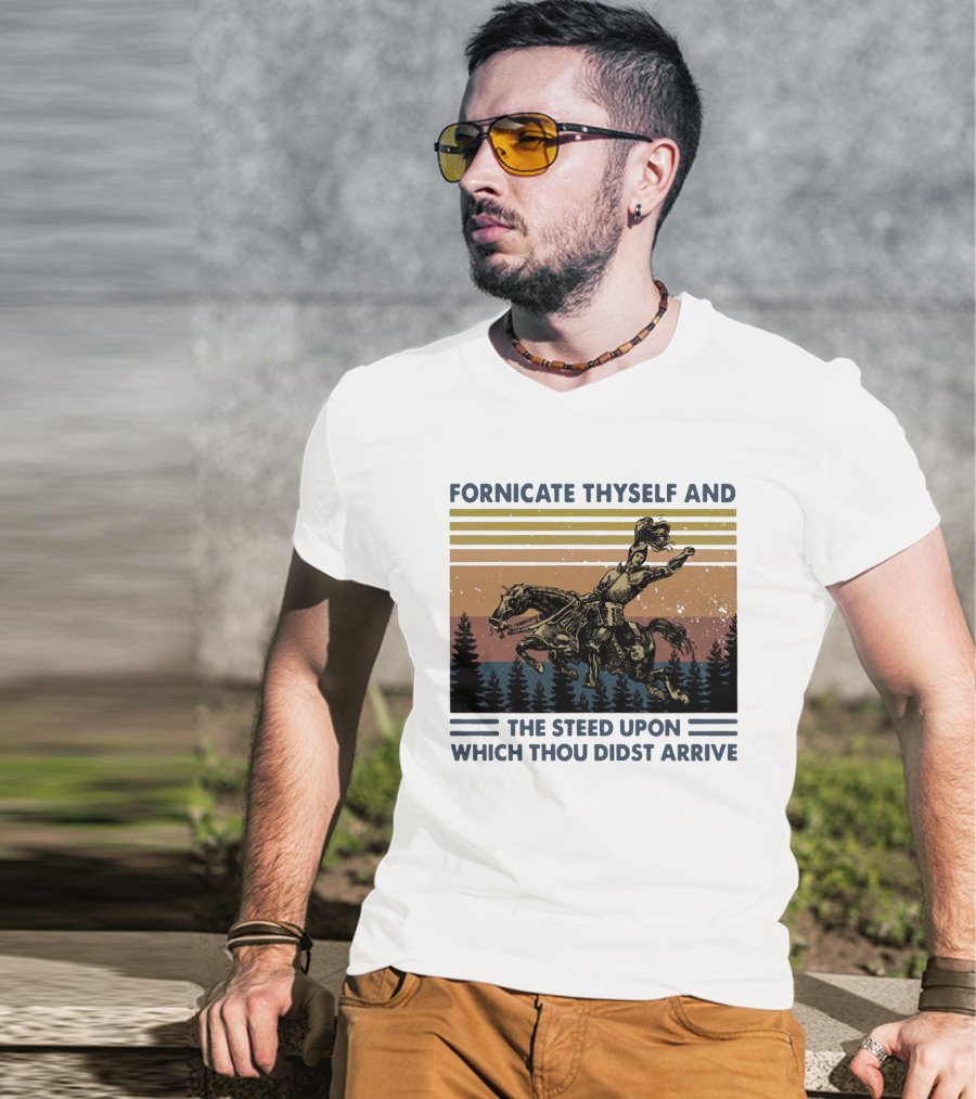 Vintage Fornicate Thyself And The Steed Upon Which Thou Didst Arrive Retro Rider Forest Stripes T-Shirt