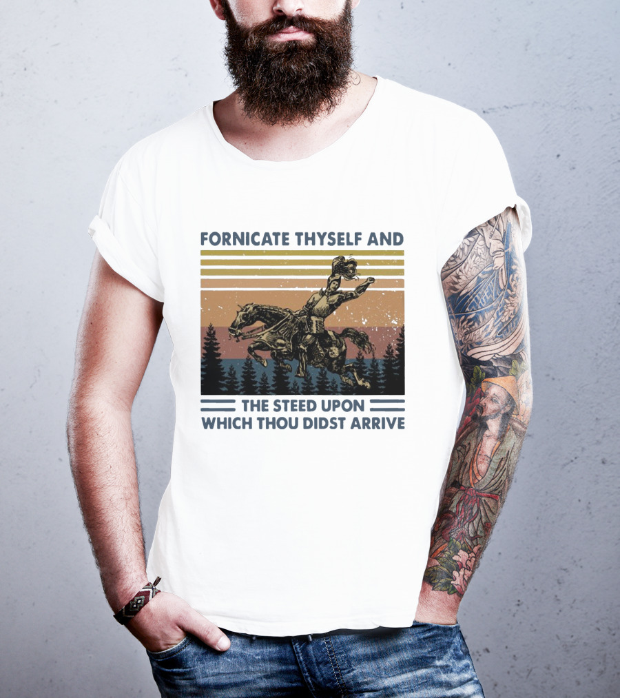 Vintage Fornicate Thyself And The Steed Upon Which Thou Didst Arrive Retro Rider Forest Stripes T-Shirt