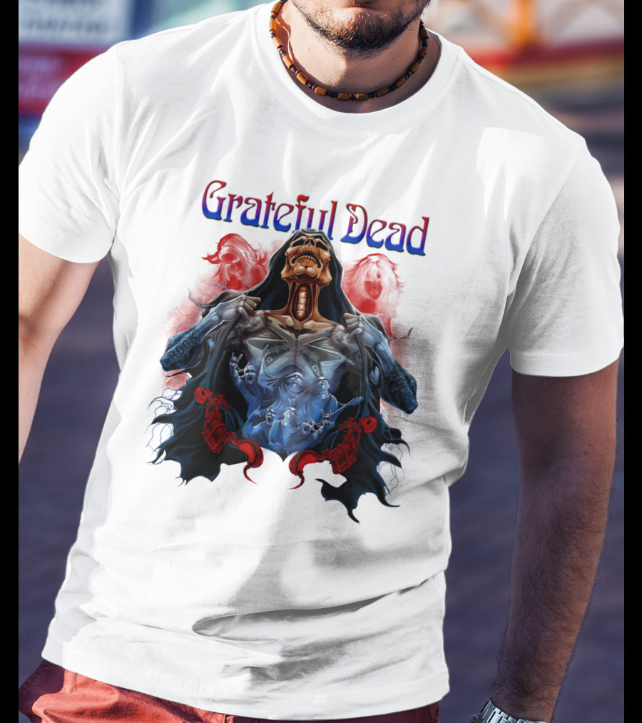 Grateful Dead Skeleton Artwork With Red And Blue T-Shirt